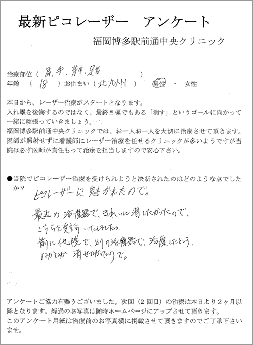 肩・手・背中・足首の刺青タトゥー除去体験談